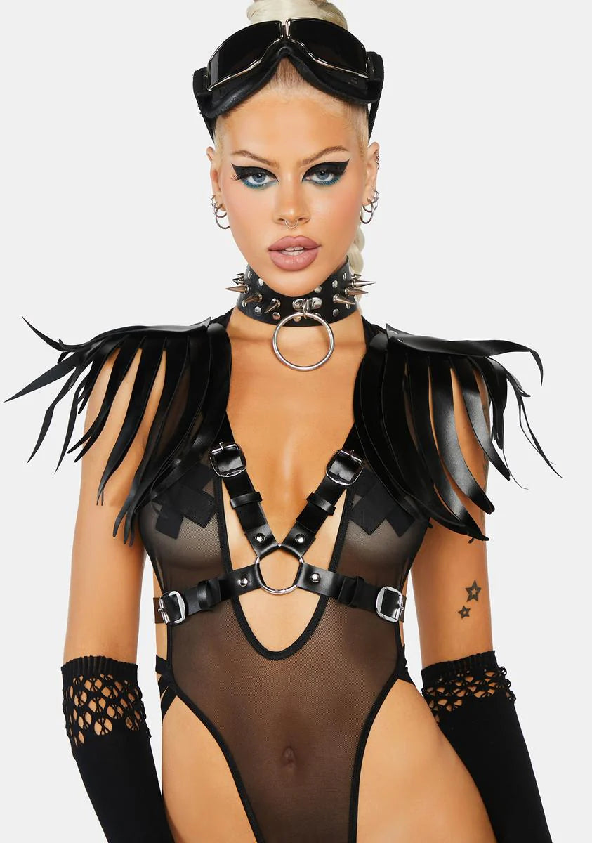 Black Vegan Leather Body Harness with Shoulder Fringe