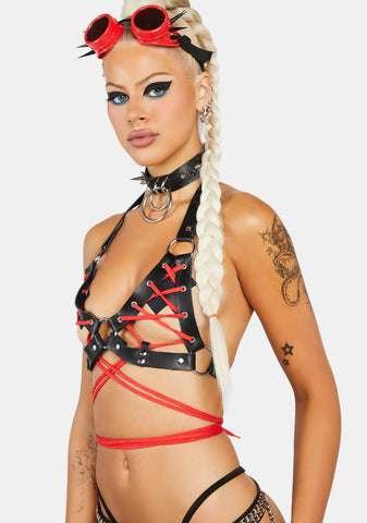 Black & Red Faux Leather Lace-Up Bra Top