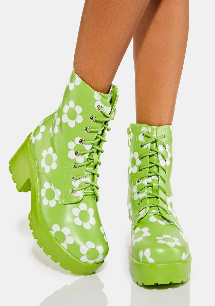 Orchis Charm Green Flower Power Combat Boots