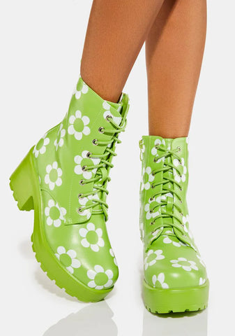 Orchis Charm Green Flower Power Combat Boots