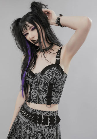 Was Warped Tattoo Print Bustier Top
