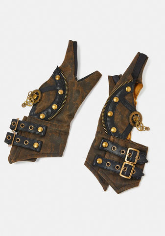 Brown Steampunk Buckle Gloves