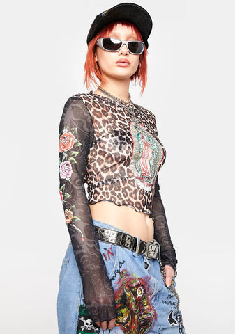 Mary Print Leopard Mesh Top