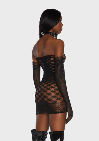 Midnight Finally Playtime Bodystocking Dress With Gloves