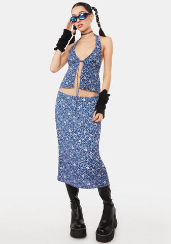 Retro Floral Blue Harriet Midi Skirt