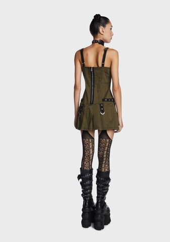 Army Pleated Mini Dress