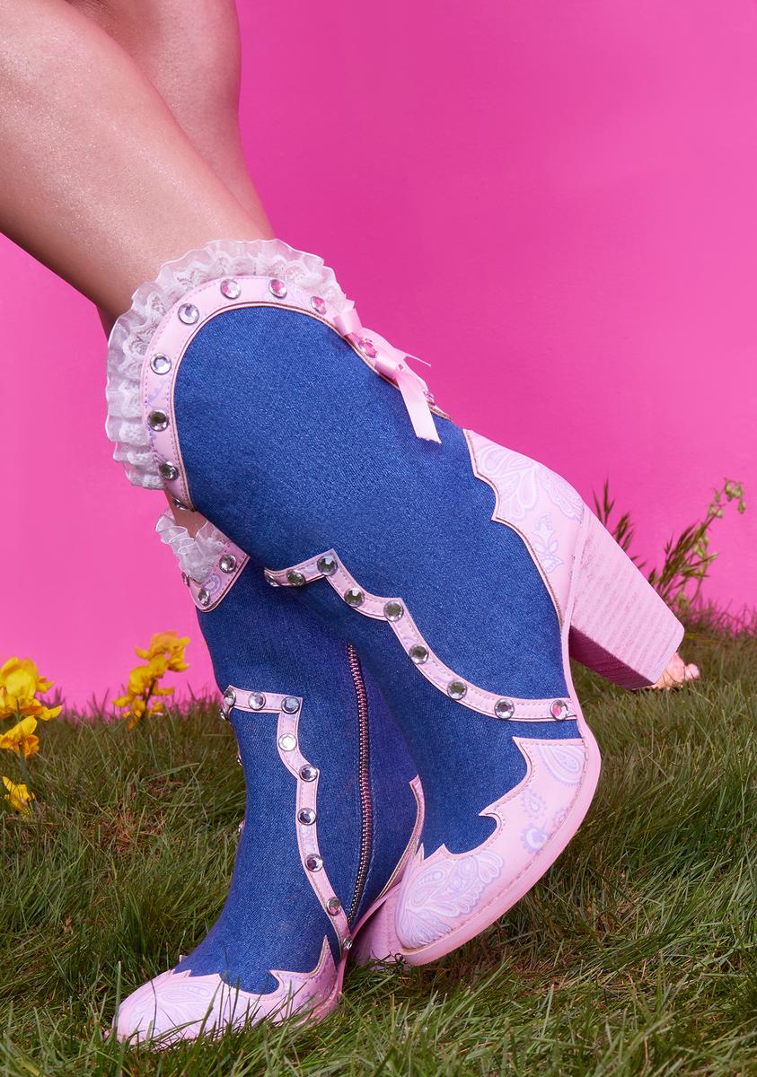 Tickled Pink Denim Cowboy Boots