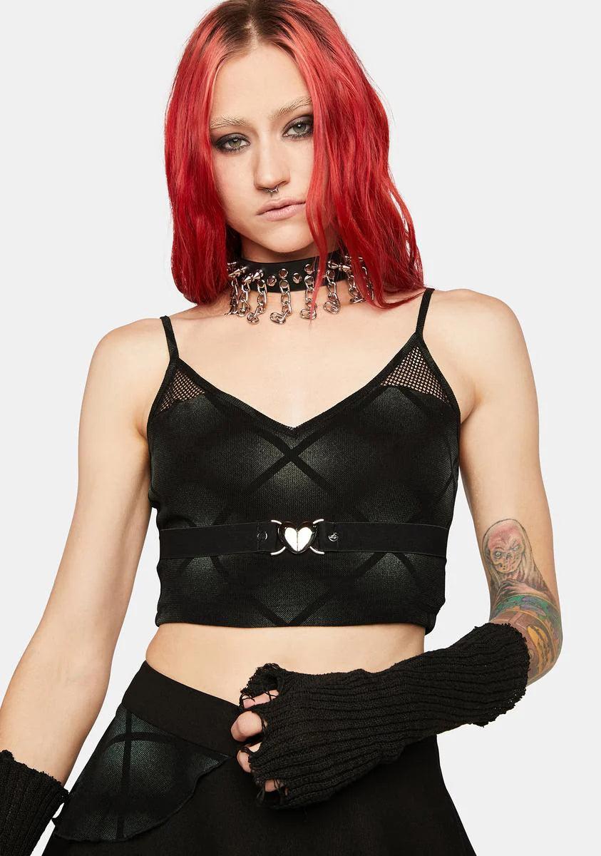 Heart Shape Decorative Buckle Gauze Spliced Plaid Crop Top