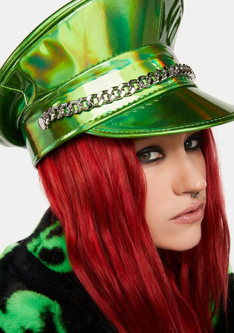 Green Holographic Chain Captain Hat