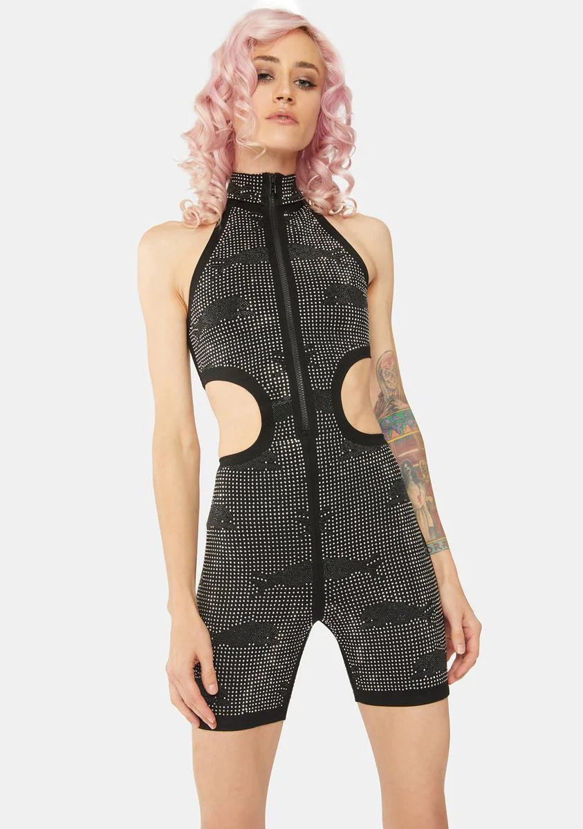 Black Compound Rhinestone Romper