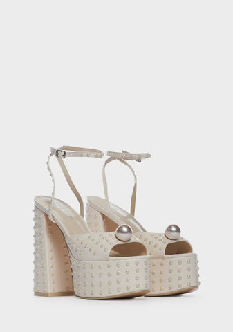 Ecru Mia Satin Pearl Platform Heels