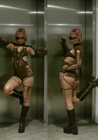 Chord Shredded Romper With Shrug - Brown