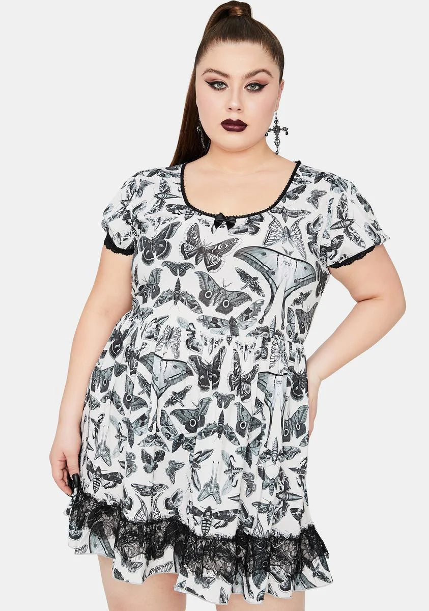 Divine Spirit World Lace Trim Moth Print Dress