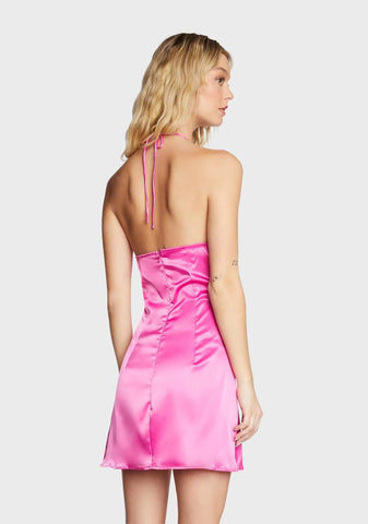 Pink Satin Halter Mini Dress