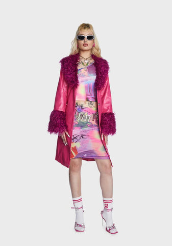 Pink Faux Leather Fur Trim Coat