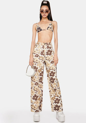 Brown Vacay Floral Cargo Pants