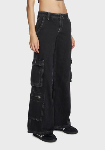 Low Rise Puddle Cargo Jeans - Black