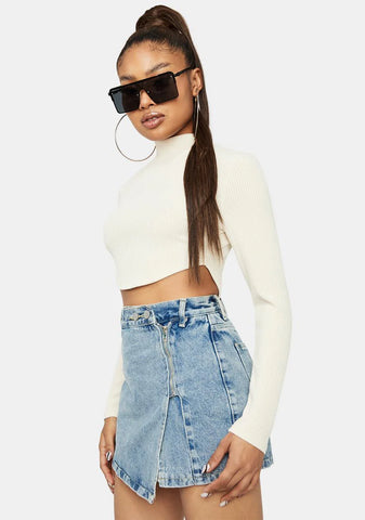 Sky Secret Letter Denim Zip Up Mini Skirt