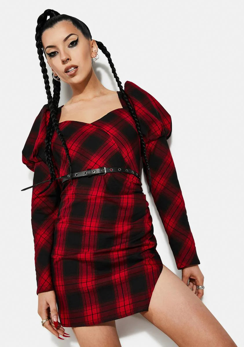 Red And Black Plaid Princess Sleeve Dress