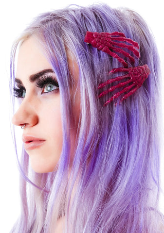 Skeleton Bone Hands Hair Slides - Blue