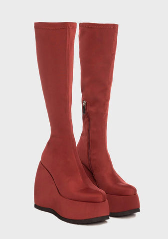 Red Roxy Wedge Knee High Boots