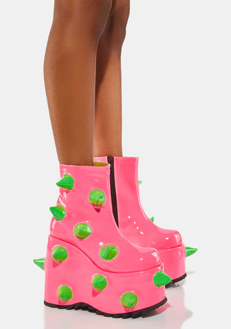 UV Neon Pink Slay-77 Spiked Platform Boots