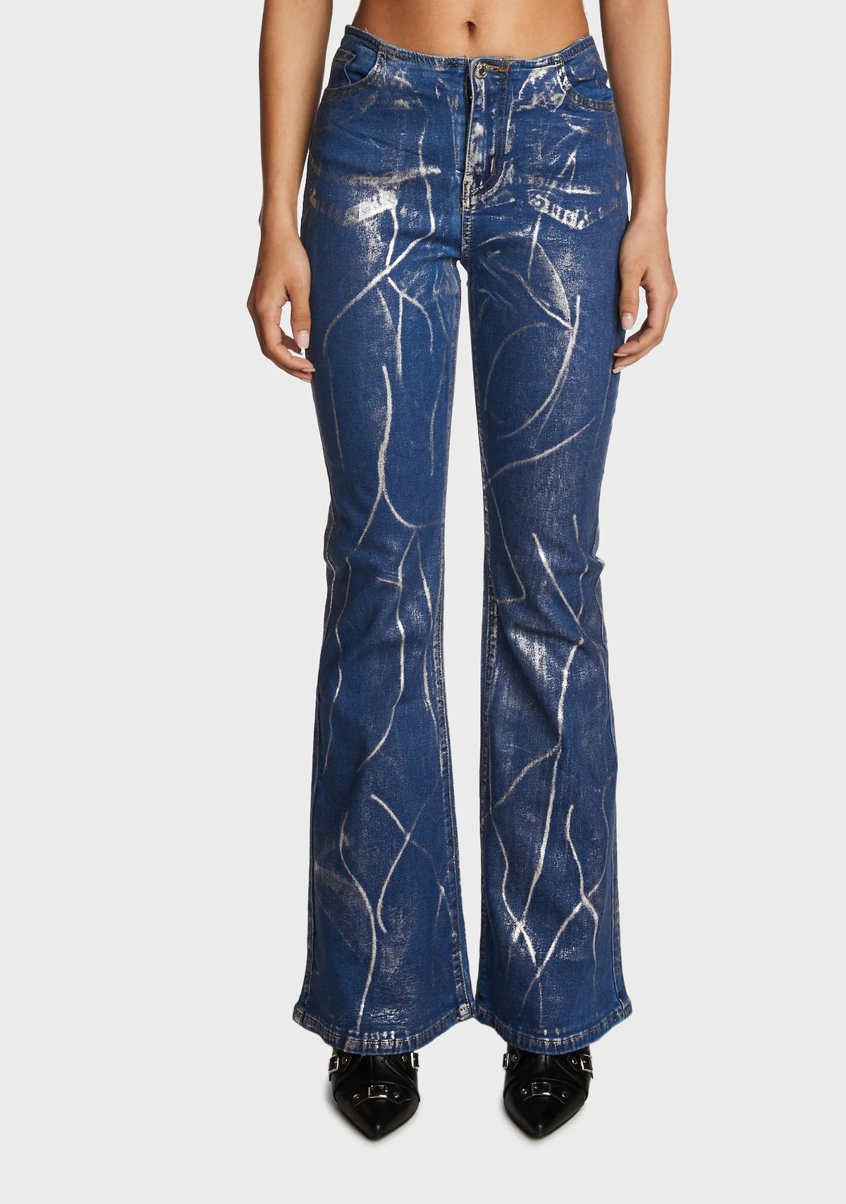 Metallic Coated Low Rise Flared Jeans