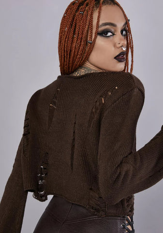 No Path Before Distressed Sweater - Brown