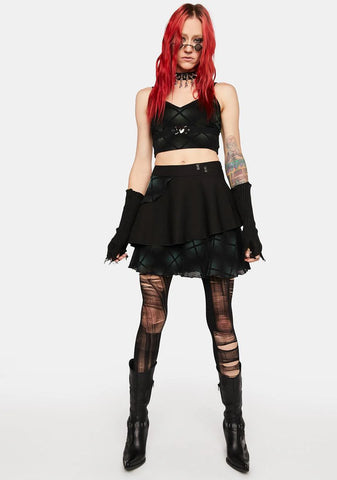 Heart Shape Decorative Buckle Gauze Spliced Plaid Crop Top