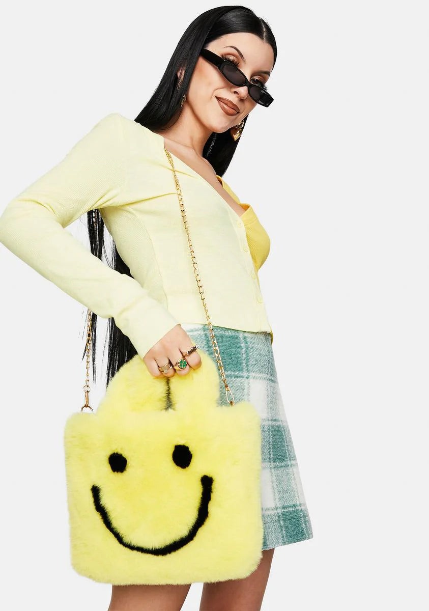 Yellow Smiley Face Faux Fur Bag