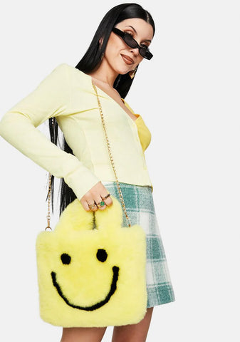 Yellow Smiley Face Faux Fur Bag