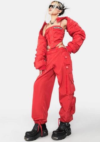 Red Nylon Tactical Pants With Detachable Panty