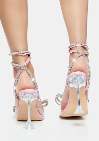 Pink Glimmer Wrap Around Diamante Bow Heels