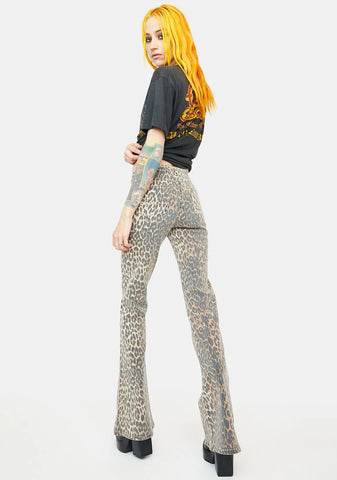 Leopard Lace Up Flared Jeans