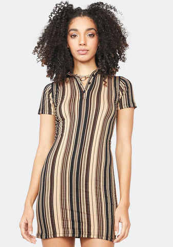 Mixed Stripe Brown Jeeves Mini Dress