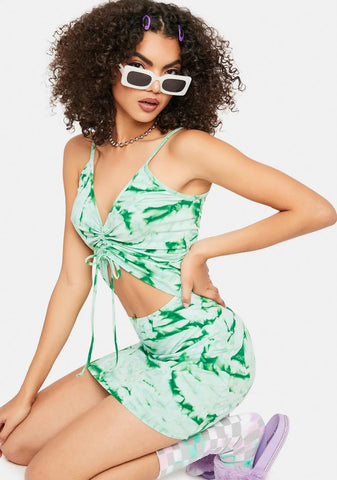Green Tie Dye Ruched Mini Dress