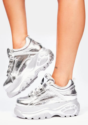 Silver Metallic Classic Low Leather Platform Sneakers