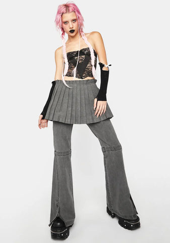 Pleated Skirt And Jeans Set