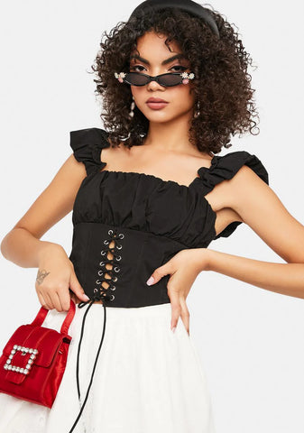 Noir Glamour Lights Ruffle Lace Up Corset Top
