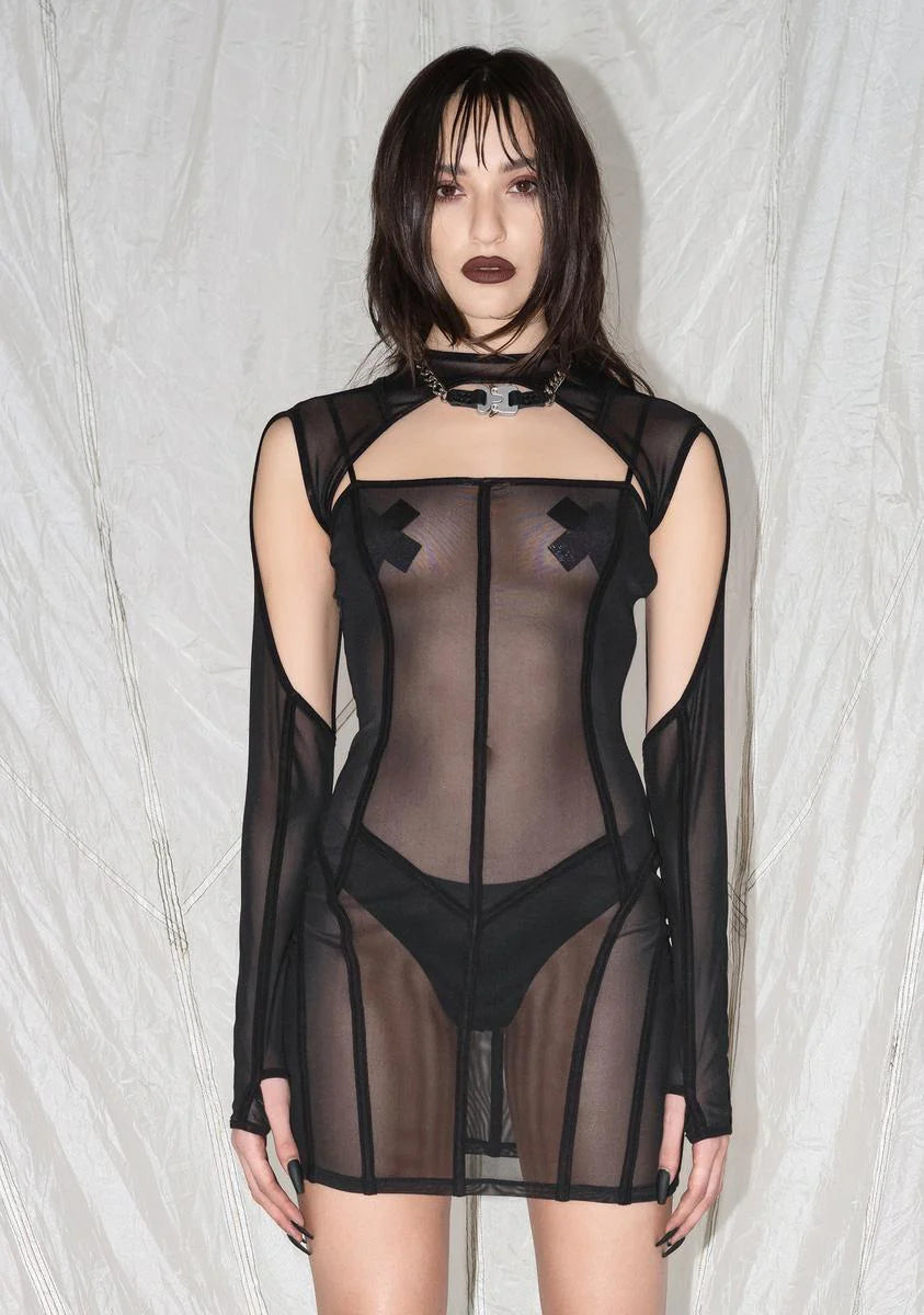 Synth Cutout Mesh Mini Dress