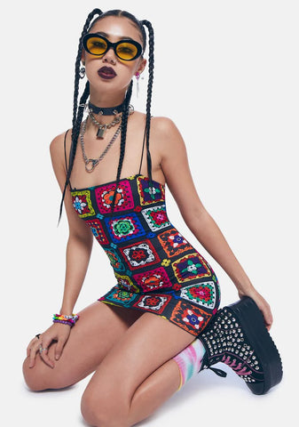 Retro Realness Crochet Print Mini Dress