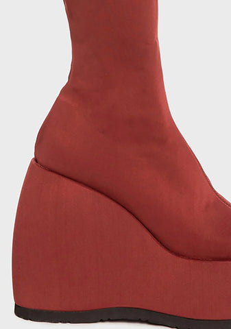 Red Roxy Wedge Knee High Boots