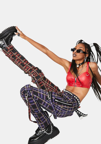 Purple Split Leg Plaid Bondage Pants