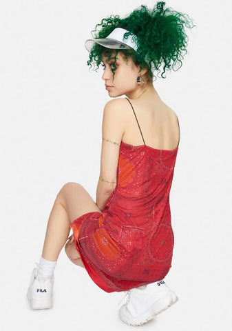 Red Satin Bandanna Straight Neck Cami Dress