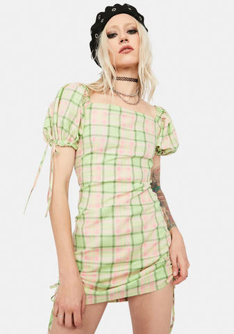 Memory Ruched Plaid Mini Dress