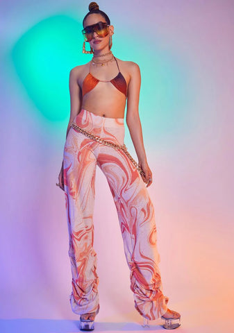 Orange Swirl Ruched Hem Printed Knit Joggers