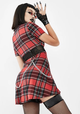 Plaid Mini Dress With Chains