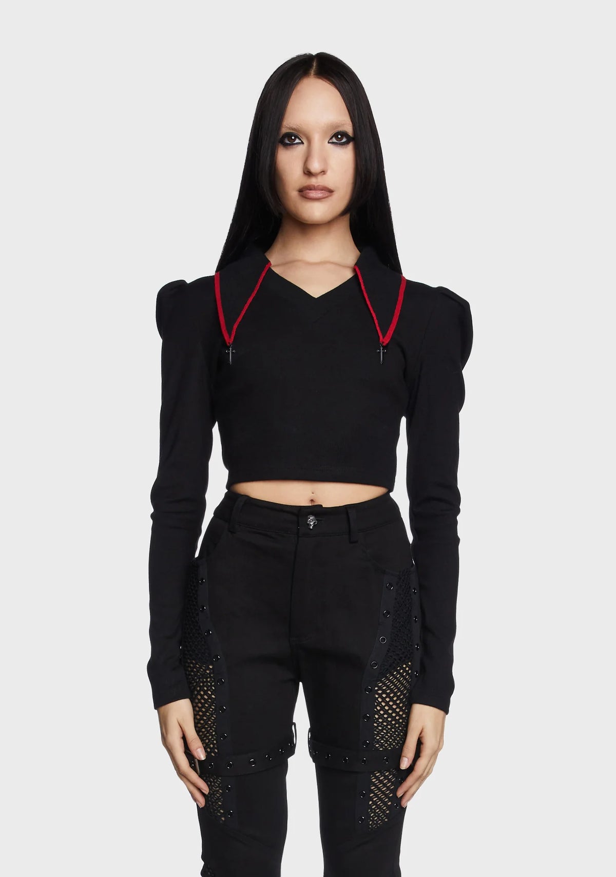 V-Neck Pointed Collar Princess Long Sleeve Top