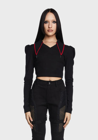 V-Neck Pointed Collar Princess Long Sleeve Top