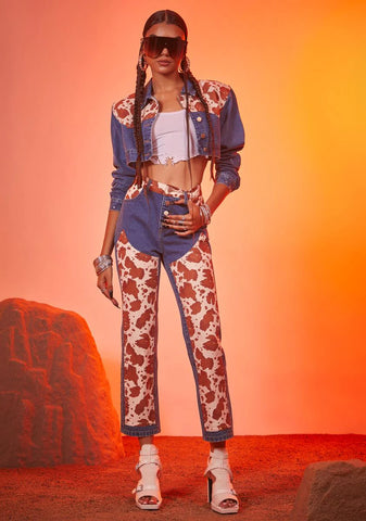 Classy In Cow Print Cropped Denim Jacket